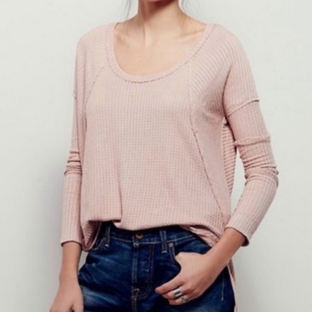 Free People Ventura Waffle Knit Thermal Top Nude Blush Pink S